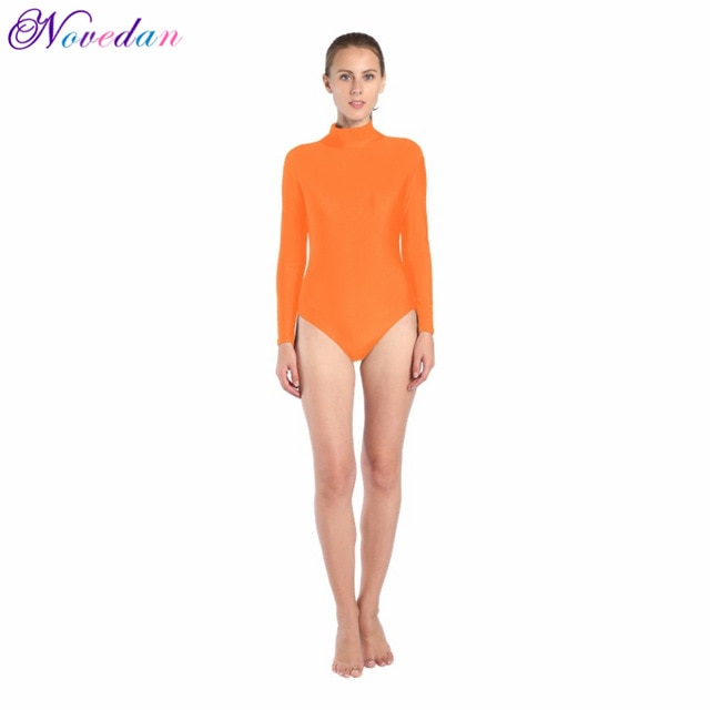 Orange Mock Neck Long Sleeve Unitard Dancewear Bodysuit Costume-Reg and  Plus Size